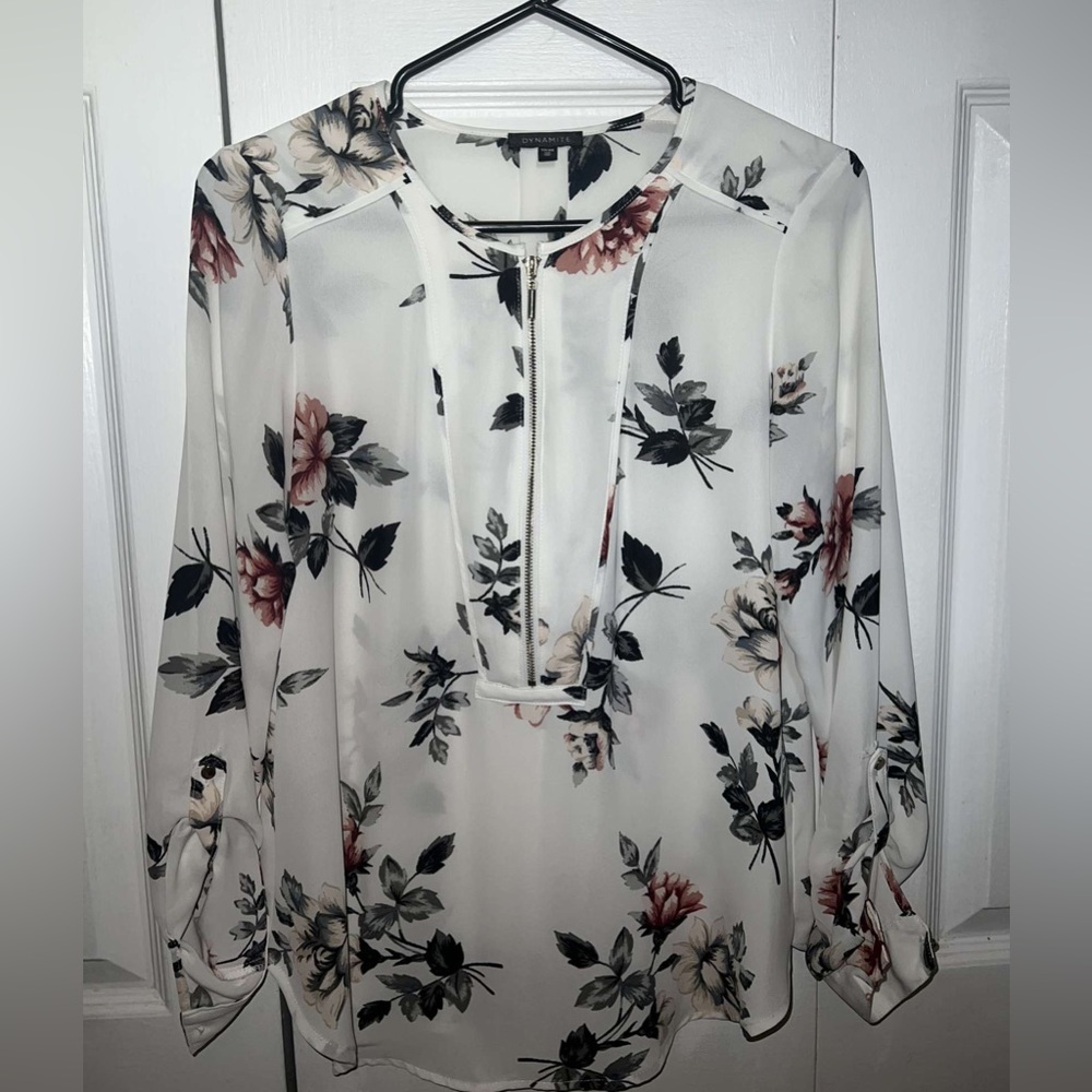 Dynamite white floral long sleeve blouse office top zipper size XS - Picture 5 of 5